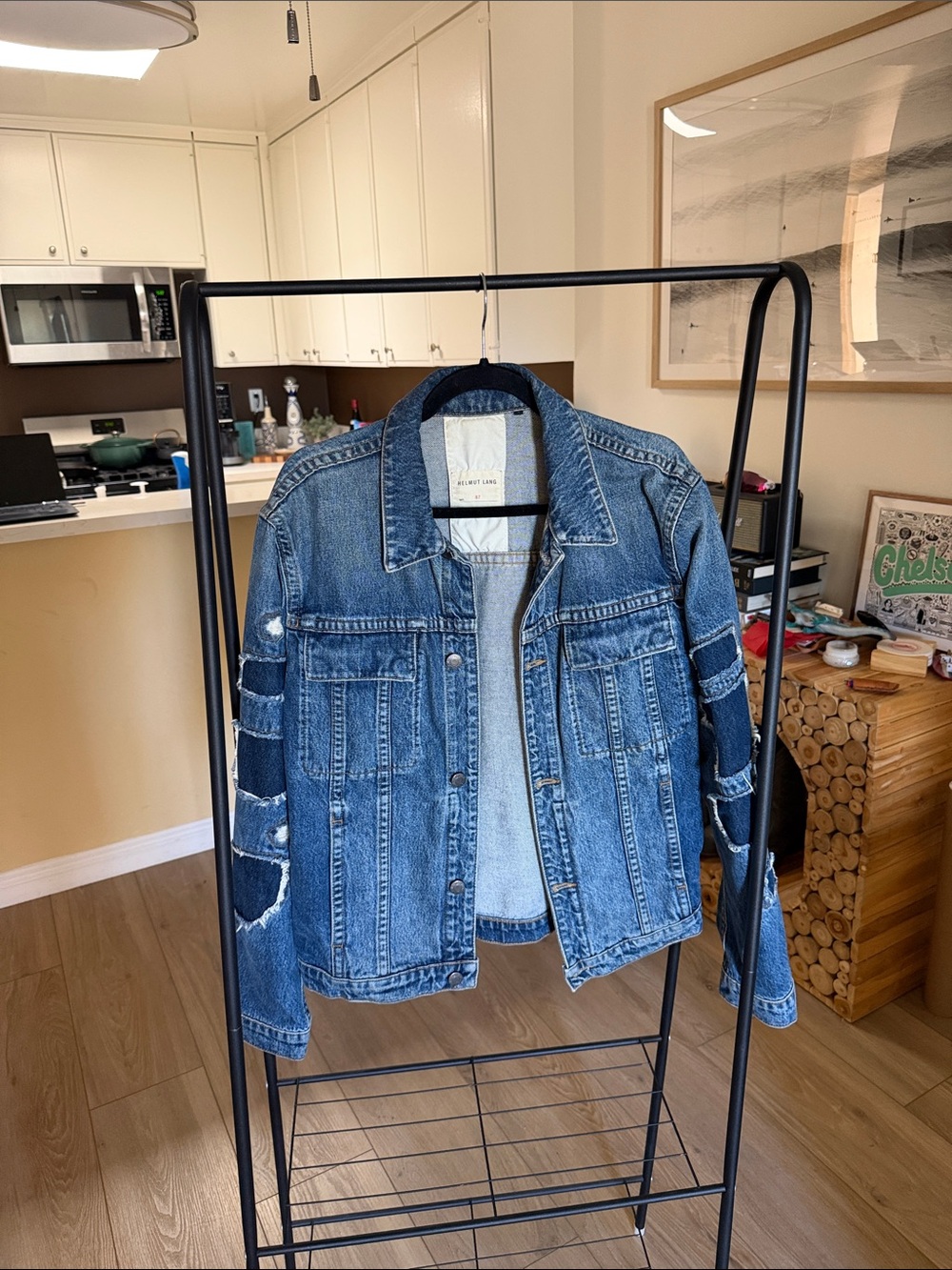 HELMUT LANG Distressed Panel Denim Trucker Jacket Blue Large Size L